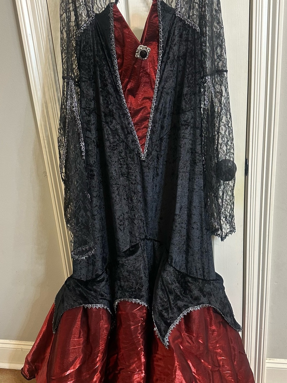 Black Lace, Red Satin, and Crushed Black Velvet Gothic Vampire Costume with Mask